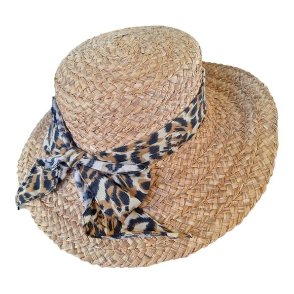 Straw Sun Hat Wide Brim Leopard Print Band with Bow Vintage Not Worn - Picture 1 of 6